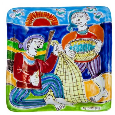 Piatto Quadrato 24x24 DS 16 Pescatori con Rete Piatto Quadrato 24x24 DS 16 Pescatori con Rete